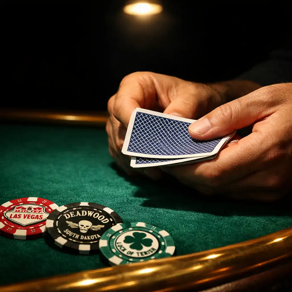 Close-up of hands holding cards over emerald felt poker table
