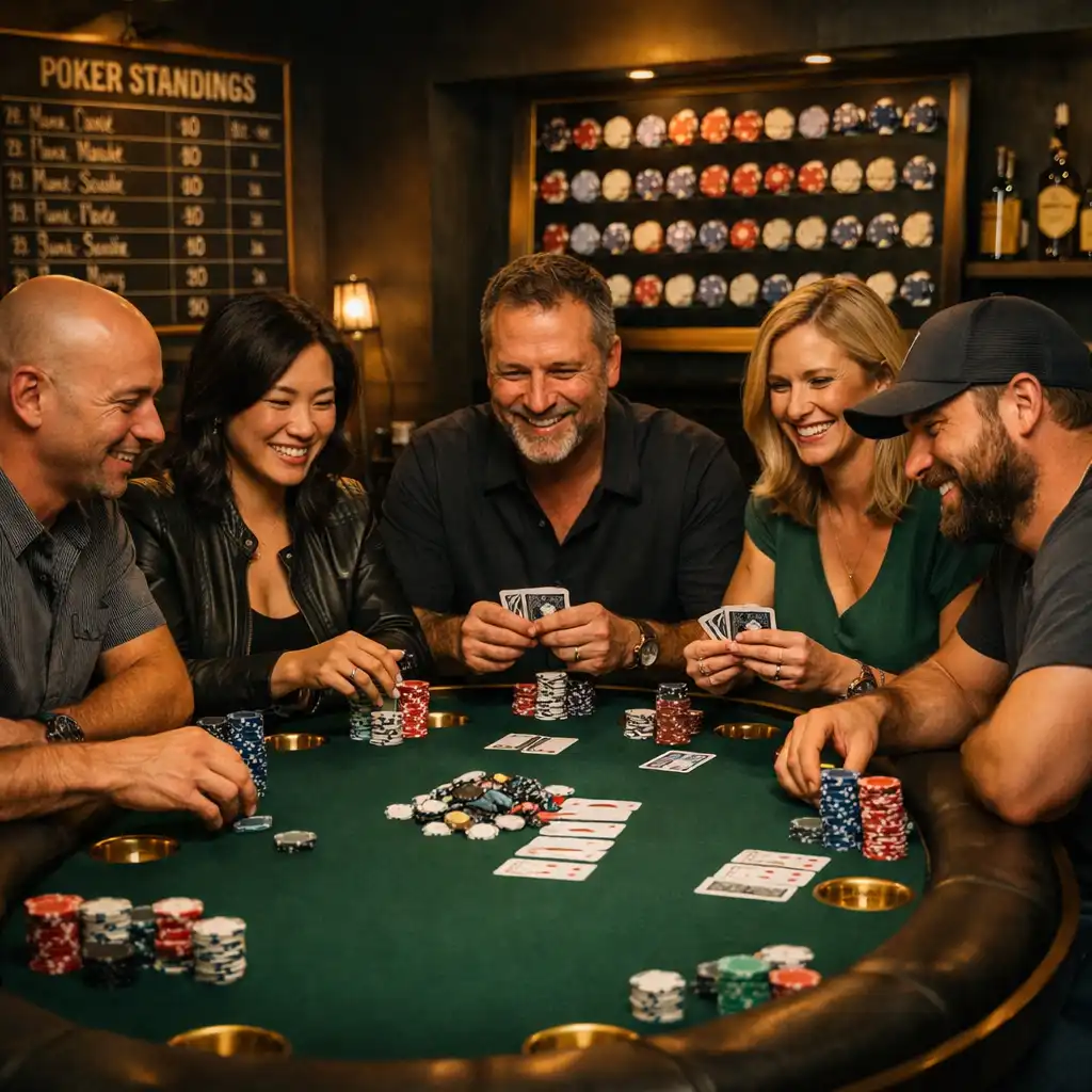 Group of adults enjoying a social poker night around a table