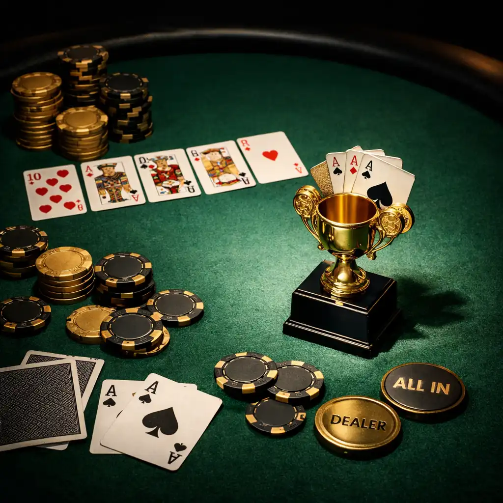 Poker table with souvenir chips and a gold honor award trophy