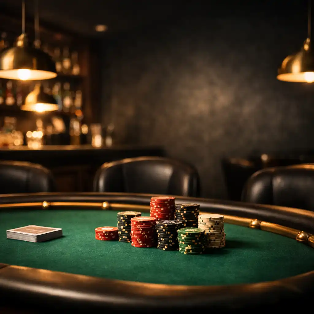 Atmospheric poker lounge with emerald felt table and brass accents