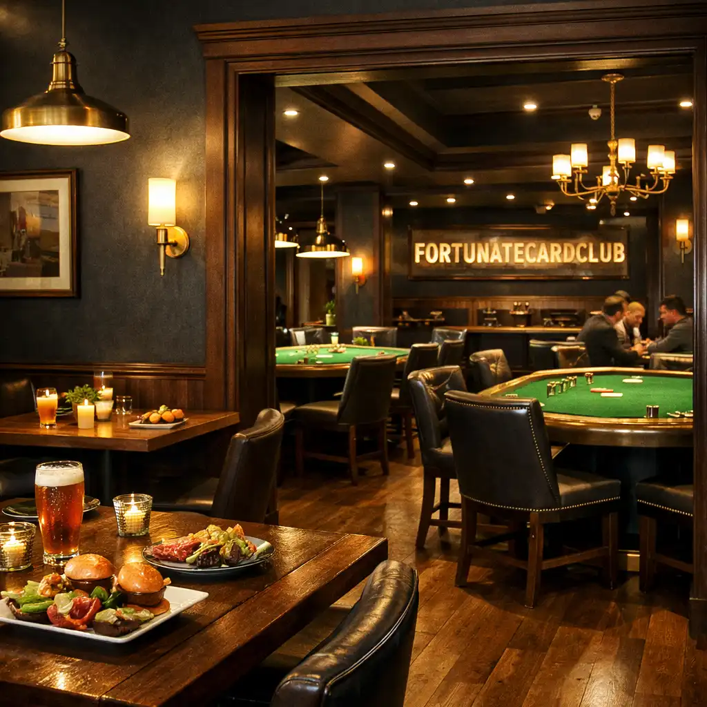 Interior of Fortunatecardclub showing bistro tables and poker lounge