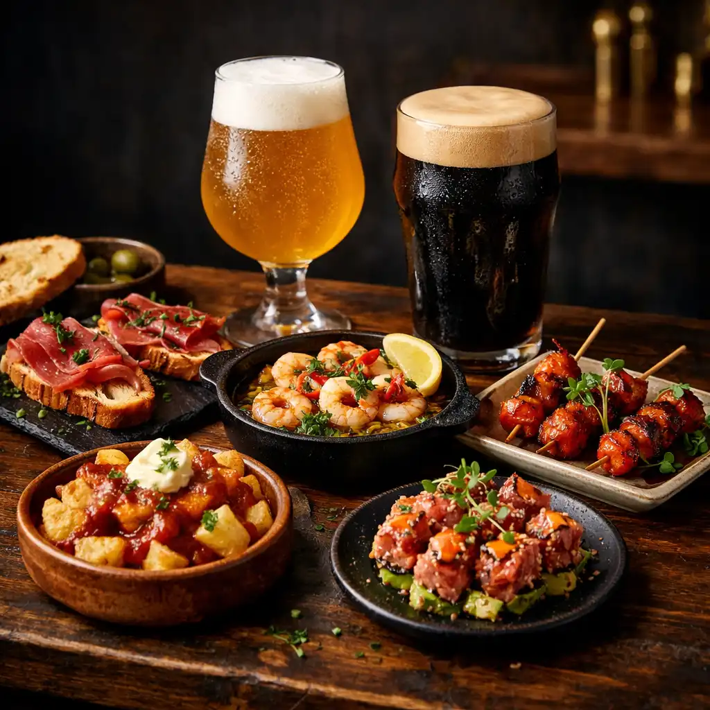 Artisan tapas and craft beer on a table at Fortunatecardclub