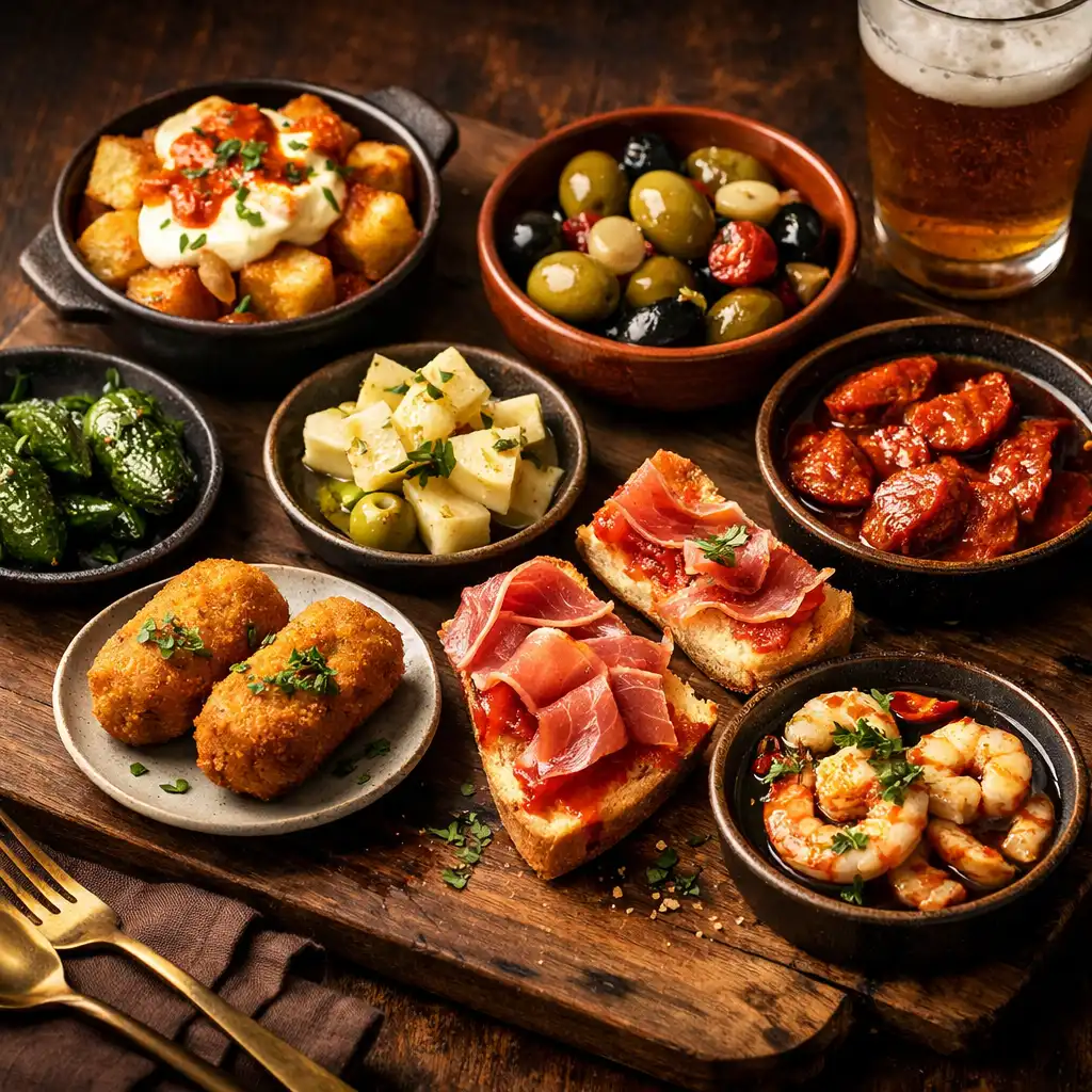 Artisan tapas platter with patatas bravas, croquettes, and olives on a dark wooden table