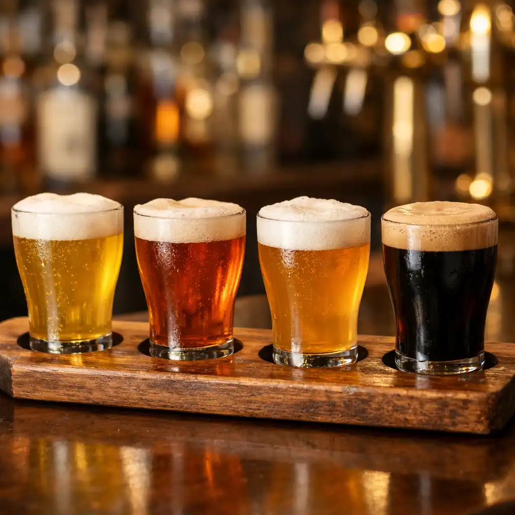 Wooden paddle holding four small glasses of craft beer in varying shades