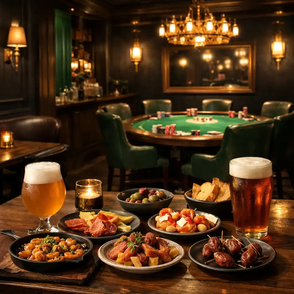 Artisan tapas and craft beer in the foreground with a poker lounge visible in the background at Fortunatecardclub