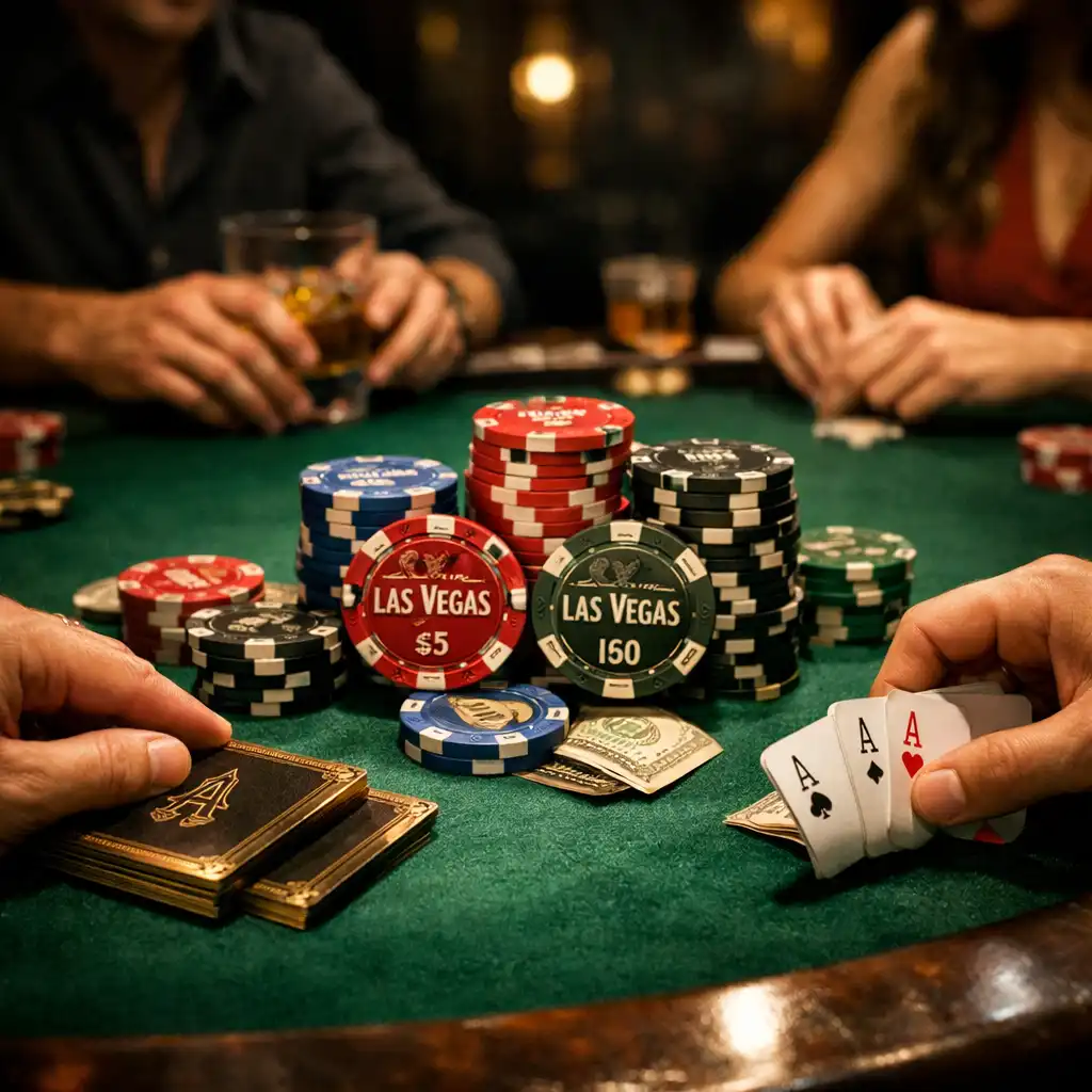 Close-up of hands on a poker table with souvenir chips and cards at Fortunatecardclub