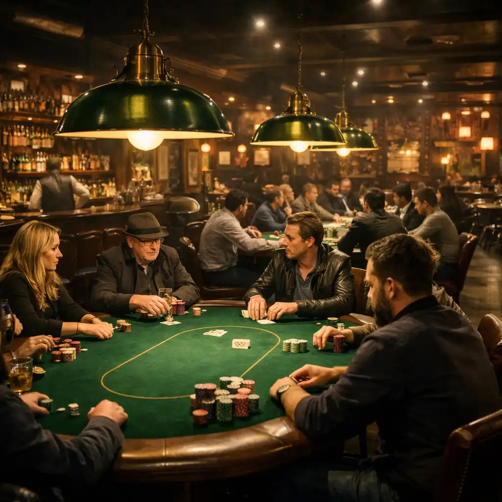Wide view of the poker lounge with multiple emerald felt tables and brass lamps at Fortunatecardclub