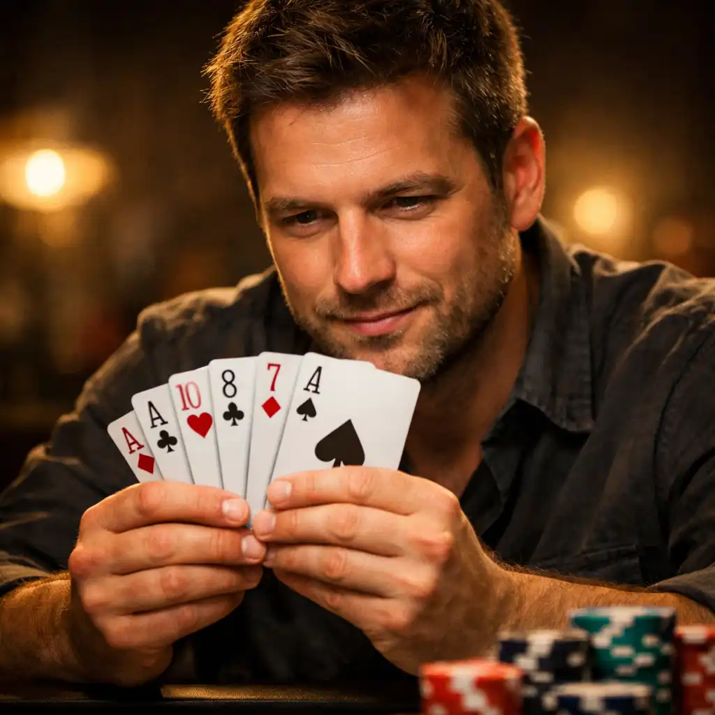 A player holding a hand of cards with a focused expression at a poker table