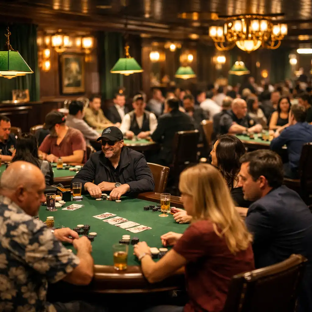 Wide view of the poker lounge during a poker night with players at multiple tables