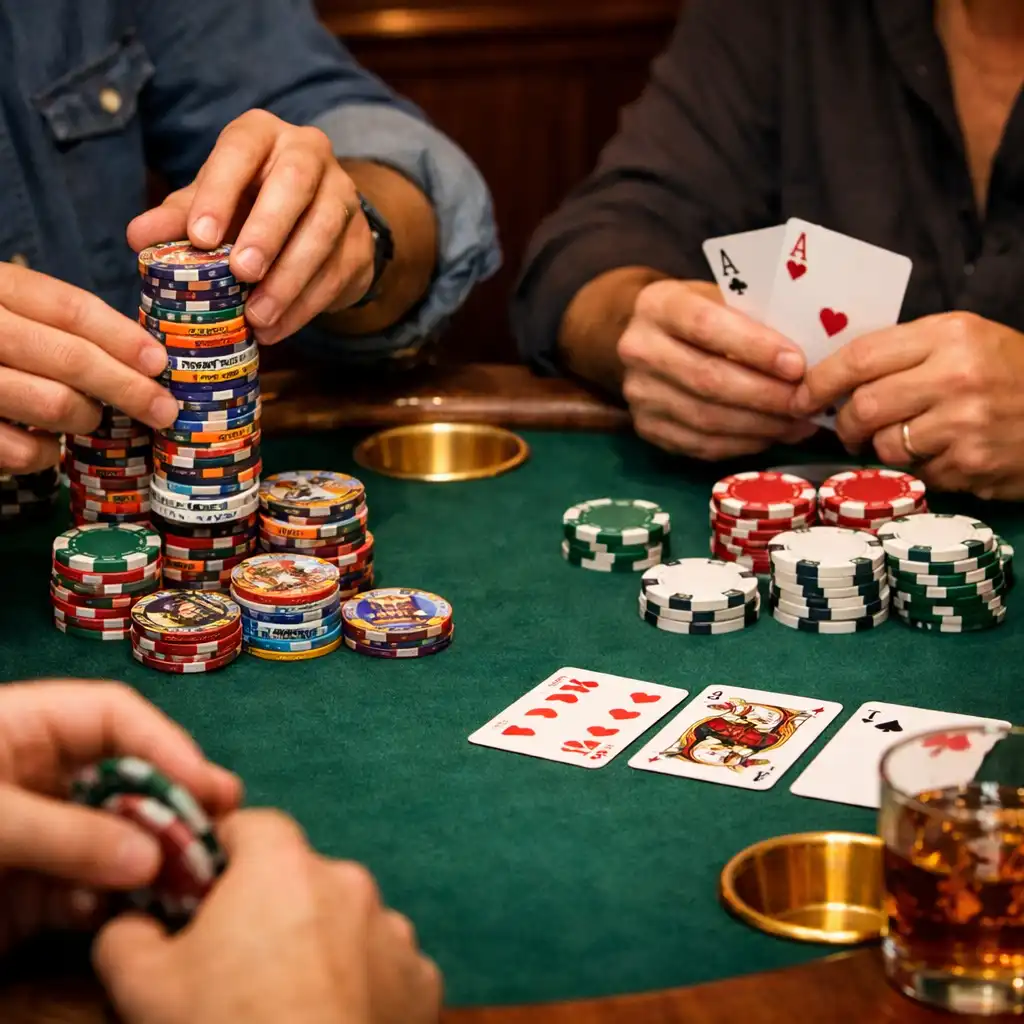 Players stacking souvenir chips and holding cards around a poker table during a championship event