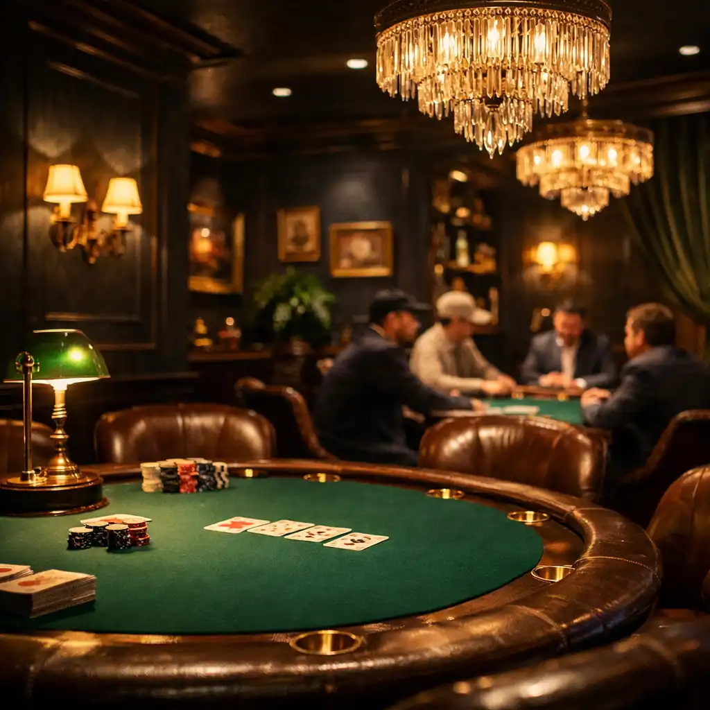 Interior of the Fortunatecardclub poker lounge with emerald felt tables and brass accents
