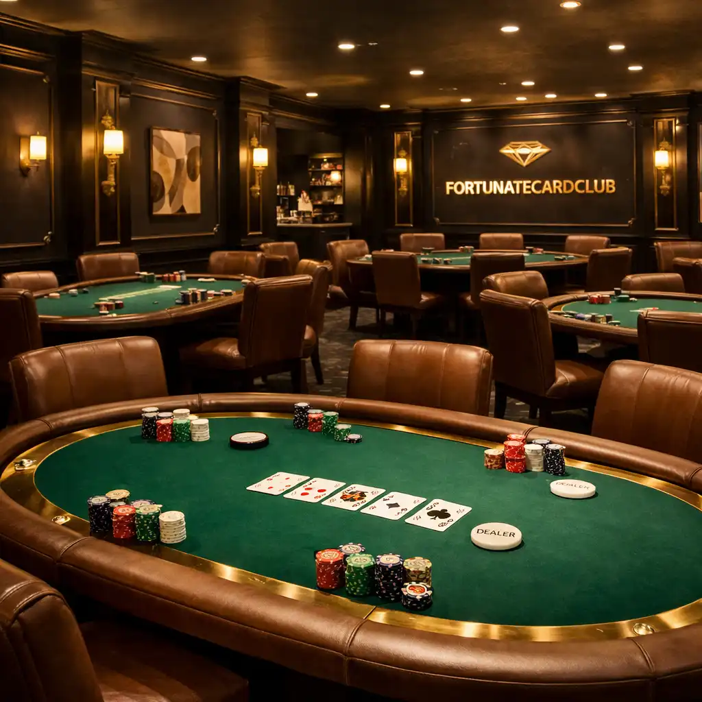 Wide shot of the poker lounge with emerald felt tables and brass rails