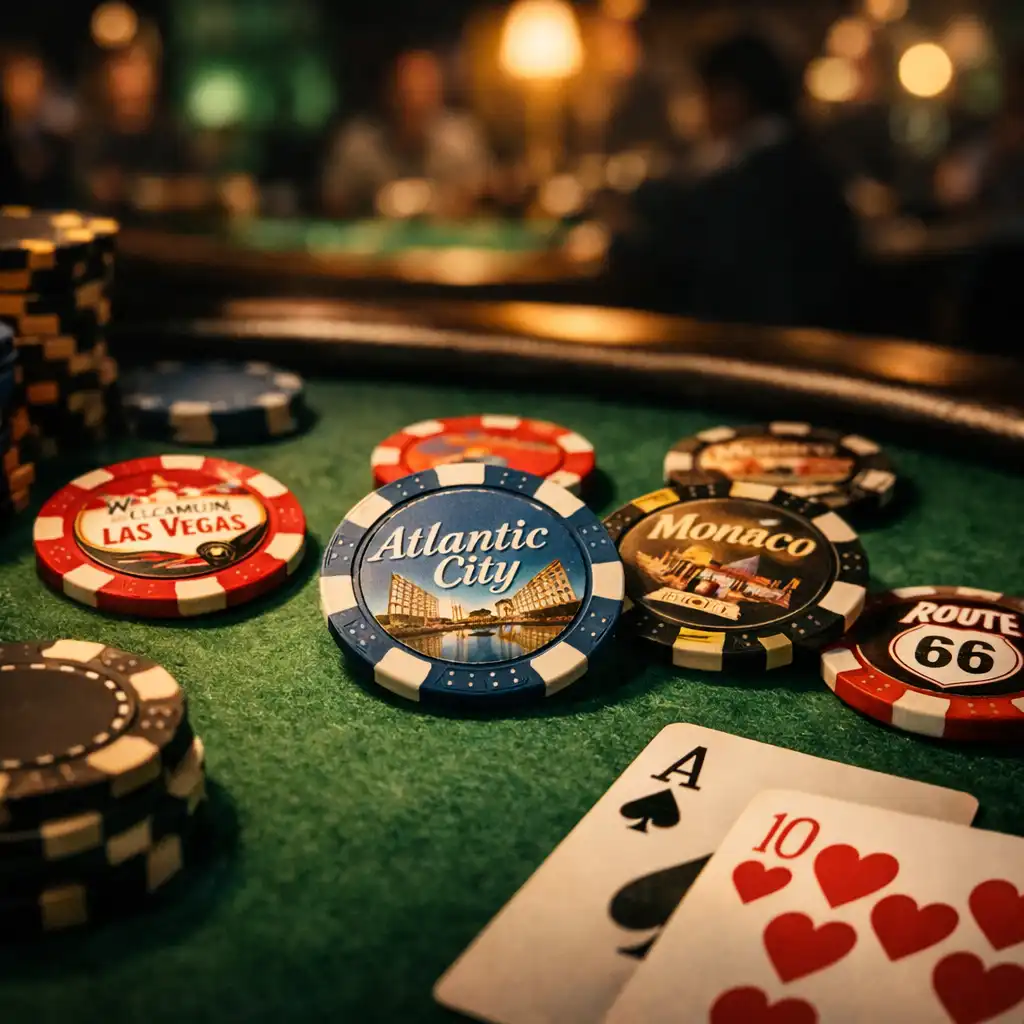 Close-up of a poker table with souvenir chips and playing cards under warm brass lighting