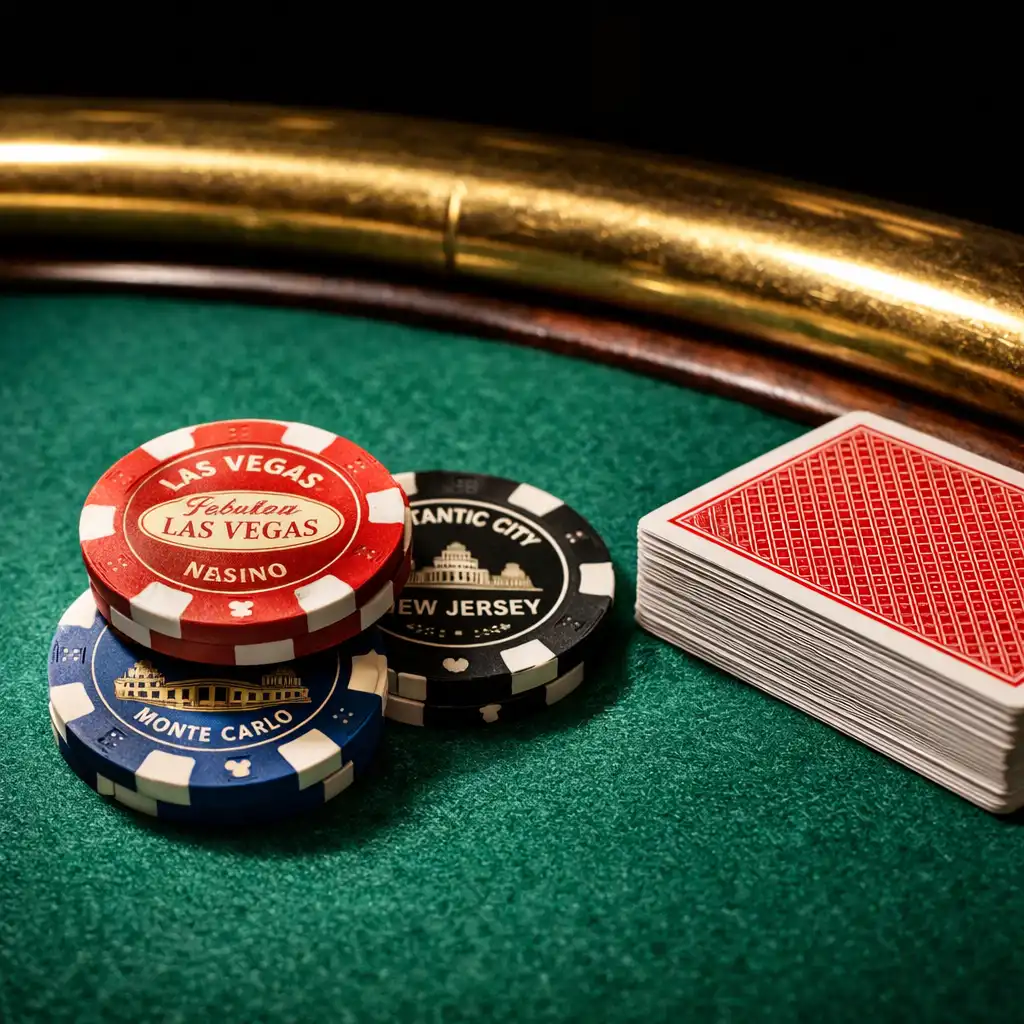 Close-up of a premium emerald felt poker table with brass rail, souvenir chips, and a deck of cards
