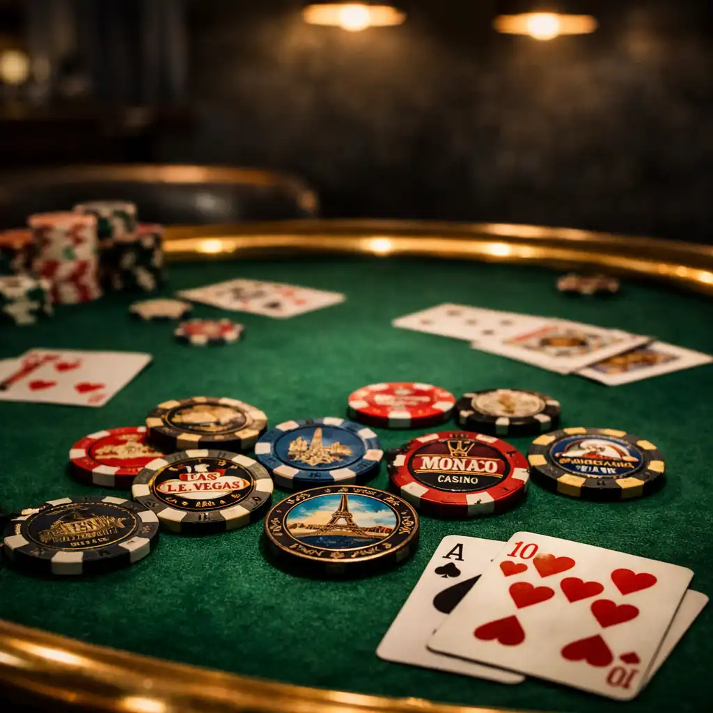 Emerald felt poker table with souvenir chips and playing cards in a dimly lit lounge