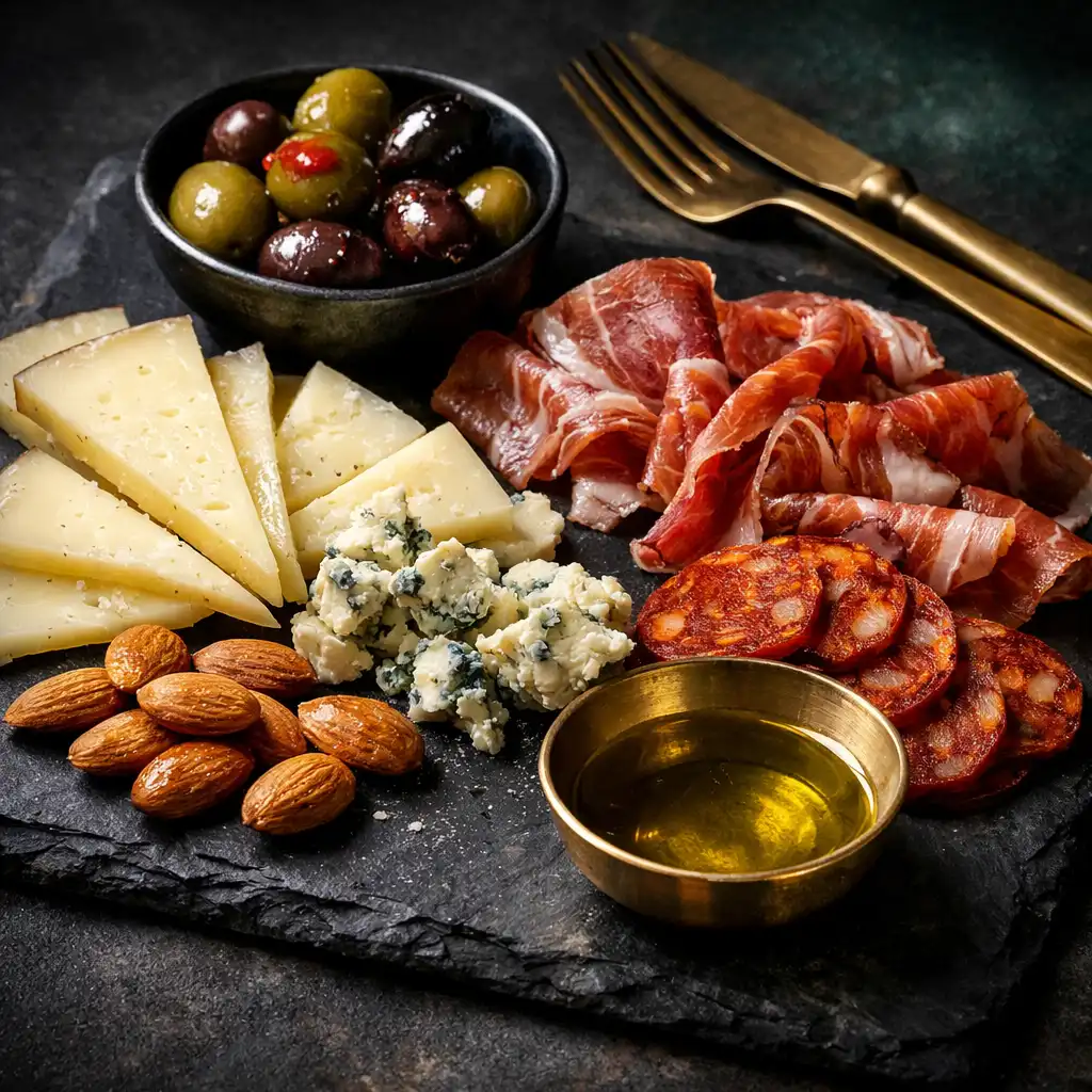 Cold tapas plate with Spanish cheeses, cured meats, olives, and almonds on a dark slate board