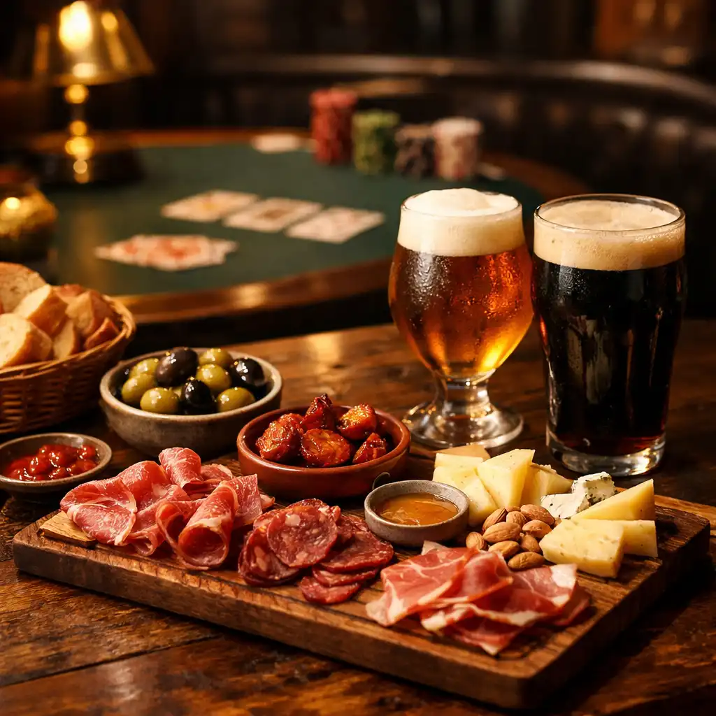 A spread of artisan tapas and two glasses of craft beer on a dark wooden table near the poker lounge