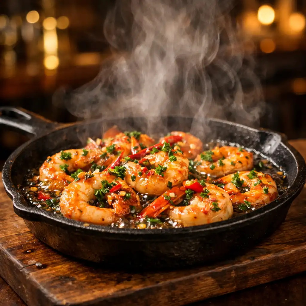 Sizzling cast-iron skillet of garlic prawns with chili and parsley